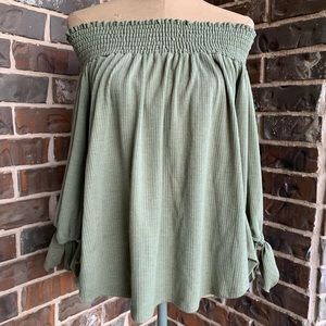 Off-Shoulder Top Olive Ribbed 3/4 Sleeve - Small